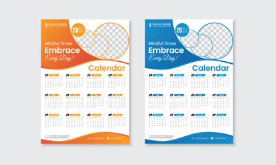 New 2024 creative and corporate monthly wall calendar, week start Sunday, simple modern colorful hanging one page 12 month calendar with place for photos, print ready office use stationery template - obrazy, fototapety, plakaty
