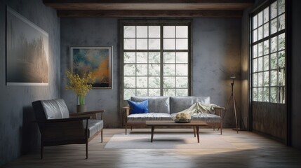 Naklejka na ściany i meble Light living room interior with couch and armchair with panoramic window