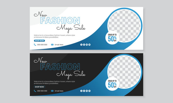 Modern professional new trendy fashion offer sale season business facebook cover page timeline web banner post template design with photo place in white and black background and vivid blue shape