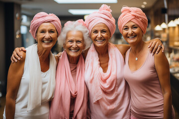 Four happy smiling female senior friends in pink bathrobe and turbans - obrazy, fototapety, plakaty