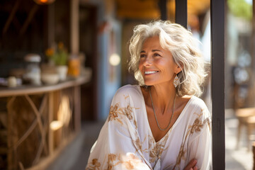 Snapshot of a happy 60 year old woman sitting outside - obrazy, fototapety, plakaty