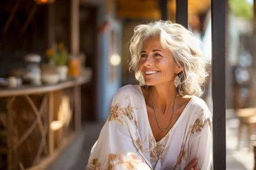 Foto op Plexiglas Snapshot of a happy 60 year old woman sitting outside © michaelheim