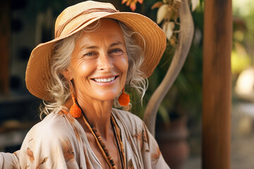 Close up snapshot of a happy 60 year old woman wearing a hat
