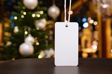 White clothing tag on a festive New Year background, empty space for text.