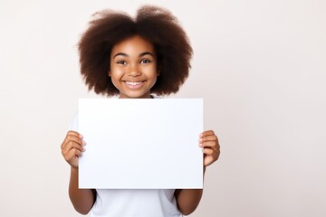 Confident, happy African American woman with a beautiful smile holding a blank empty card on a white background.