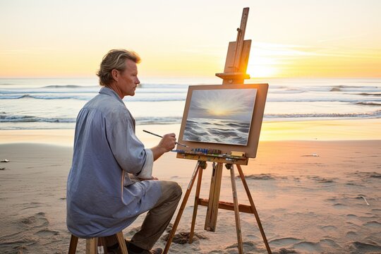 An active and creative adult male artist painting by the beach during a stunning sunset, immersed in the beauty of nature.