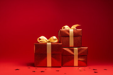 Obraz premium Wrapped gifts in festive red with golden ribbons for holiday celebrations and special occasions, generative ai