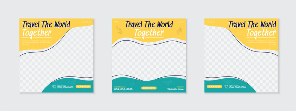 Tour travel holiday vacation social media post design, set of abstract square web banner ads, poster or flyer for summer beach traveling business offer promotion marketing, easy to use and edit