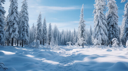 Fototapeta premium Snowy path guides through the snowy woods