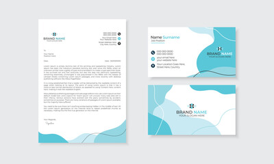 Modern creative letterhead and business card set design with abstract shapes in blue accents, corporate business brand identity and stationery advertising marketing branding, editable vector layout