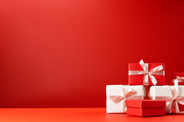 Wrapped gifts in festive red with golden ribbons for holiday celebrations and special occasions, generative ai