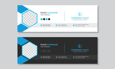 Modern professional email signature or email footer design with blue accents, new creative standard flat personal social media cover with author photo place, editable vector banner layout bundle set