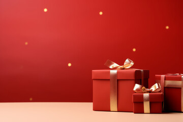 Wrapped gifts in festive red with golden ribbons for holiday celebrations and special occasions, generative ai
