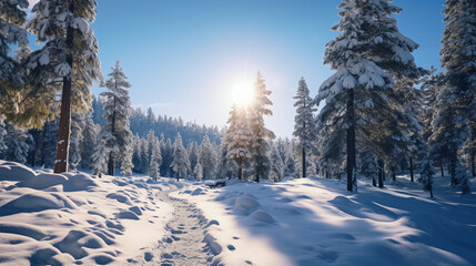 Fototapeta na wymiar Sunrise between trees in winter scenery
