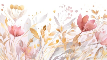 Fototapeta na wymiar Abstract floral art background. Botanical watercolour, gentle pink and gold flowers and leaf on white background