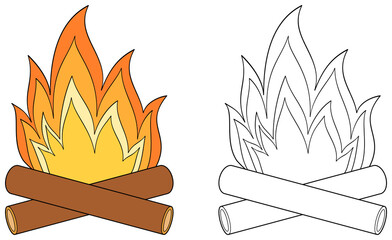 Camp fire colorful and outline. Coloring book page for children. Bonfire illustration isolated on transparent background. Game for kids.