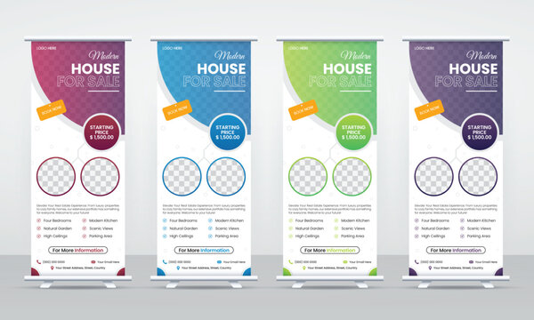Home or house for sale roll up pull up x banner standee signage design template, modern corporate real estate agency business ads banner vector editable layout with place for photos bundle set