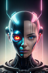 Illustrated Sci-Fi Woman Split Face Human Cyborg Robot Technology