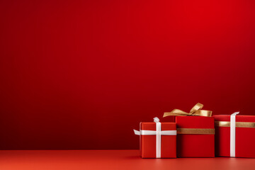 Wrapped gifts in festive red with golden ribbons for holiday celebrations and special occasions, generative ai