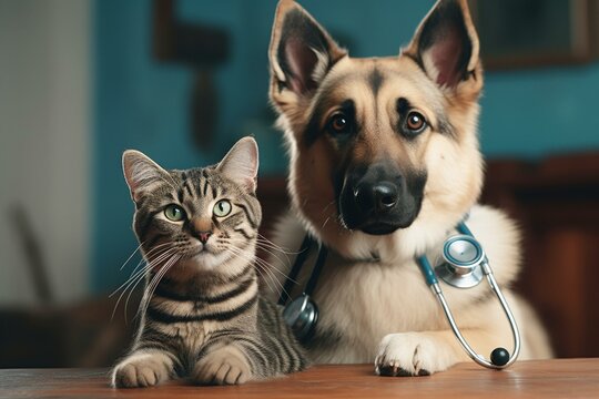 Image of a dog and cat with a stethoscope. Generative AI