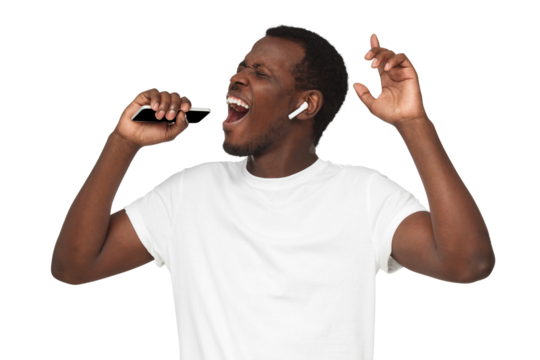 Young african american man singing his favorite song, wearing blank white t-shirt
