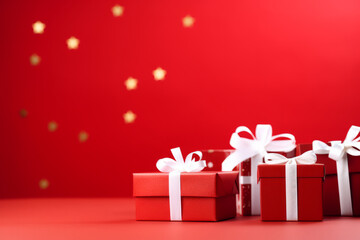 Wrapped gifts in festive red with golden ribbons for holiday celebrations and special occasions, generative ai