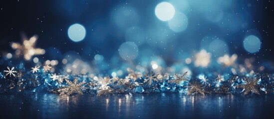 Festive blue background with twinkling stars and snowfall - obrazy, fototapety, plakaty