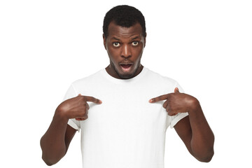 You talking to me? African american man pointing to himself with question if he did something wrong