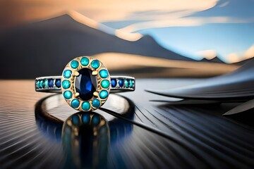 Images of a ring decorated with Stones in the middle and emeralds along the borders in a stunning way.