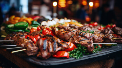 A delectable plate of grilled meat presented at a wedding or restaurant buffet, inviting guests to savor the culinary delights of the occasion. - obrazy, fototapety, plakaty
