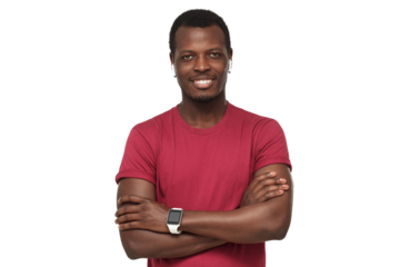 Young smiling african american man with crossed arms, wearing wireless headphones, red t-shirt and smartwatch