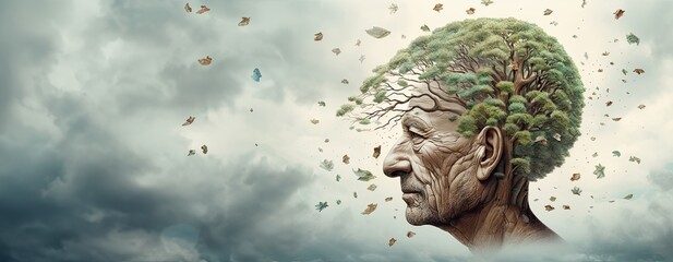 A face of elderly man in profile with doble exposure effect on gray and white background with copy space, Alzheimer's disease concept/