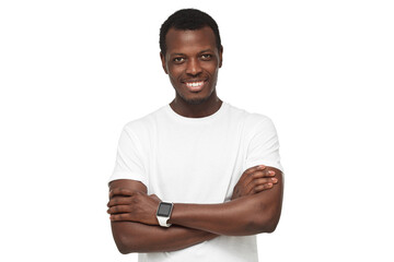 Portrait of smiling handsome afican american man in blank white t-shirt and smartwatch, standing...