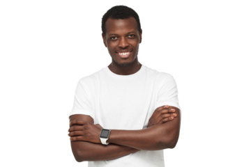 Portrait of smiling handsome afican american man in blank white t-shirt and smartwatch, standing with arms crossed