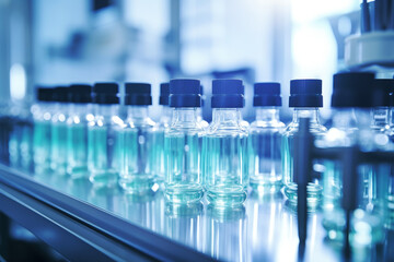 An industrial scene within a pharmaceutical factory, showcasing the production line with pharmaceutical glass bottles and machinery in motion.