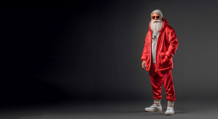 Santa Claus in minimalist modern outfit, standing over dark background with copy space