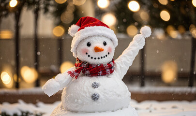 closeup of happy snowman with red santa hat, red scarf waving with hands on christmas blury lights and decorations background, generative AI
