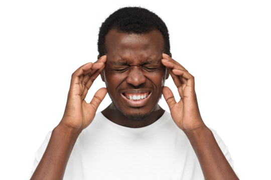 African american man suffering from severe headache, touching temples