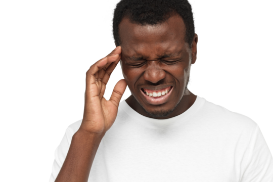 Young african american man touching head with hand, suffering from headache with closed eyes, migraine concept