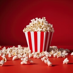 Cup with delicious popcorn against red background. Popcorn scattered over red background. Watching cinema.