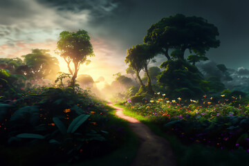Fototapeta premium A path surrounded by flowers crosses a clearing in the Amazon forest with mist at sunset. Concept of nature, pristine, wild, heavenly, dreamy, climate change, environment, ecology, planet Earth.