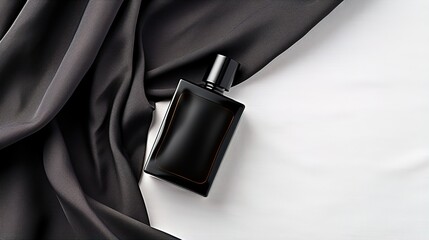 Template of a black bottle of men's perfume on a background of crumpled fabric - obrazy, fototapety, plakaty