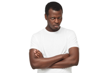 Angry african american man, evil black guy looking at camera with anger, standing with arms crossed