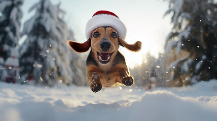 Fototapety  Cute dachshund dog with a Santa's hat running, jumping in the snow, daytime in the winter snow in the woods.