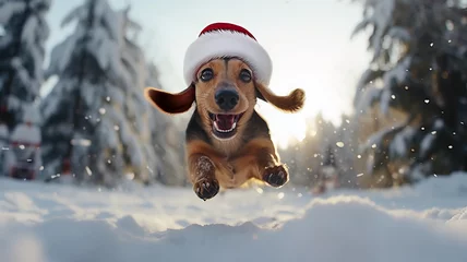 Poster Cute dachshund dog with a Santa's hat running, jumping in the snow, daytime in the winter snow in the woods. © bagotaj