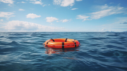A rescue buoy floating on the sea, a vital tool to rescue people from drowning incidents. - obrazy, fototapety, plakaty