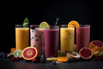Assorted smoothies in glasses embellished with tubes, orange slices, and berries. Generative AI