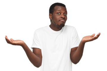 I don't know. Young black man showing helpless gesture with hands, mouth curved as if he does not know what to do