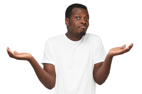 I don't know. Young black man showing helpless gesture with hands, mouth curved as if he does not know what to do
