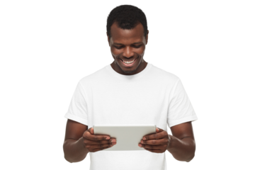 Handsome african american man looking at screen of tablet